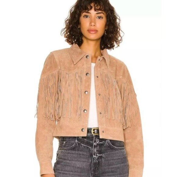 NWT Blank NYC Leather Suede Fringe Jacket S Almond Butter Western Cowboy Tan - Picture 1 of 10